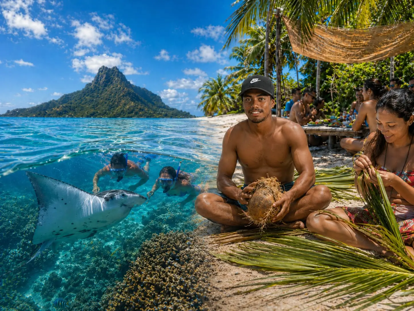 Excursion grande journée à Maupiti - snorkeling avec les raies manta et jardin de corail dans le lagon de Polynésie française