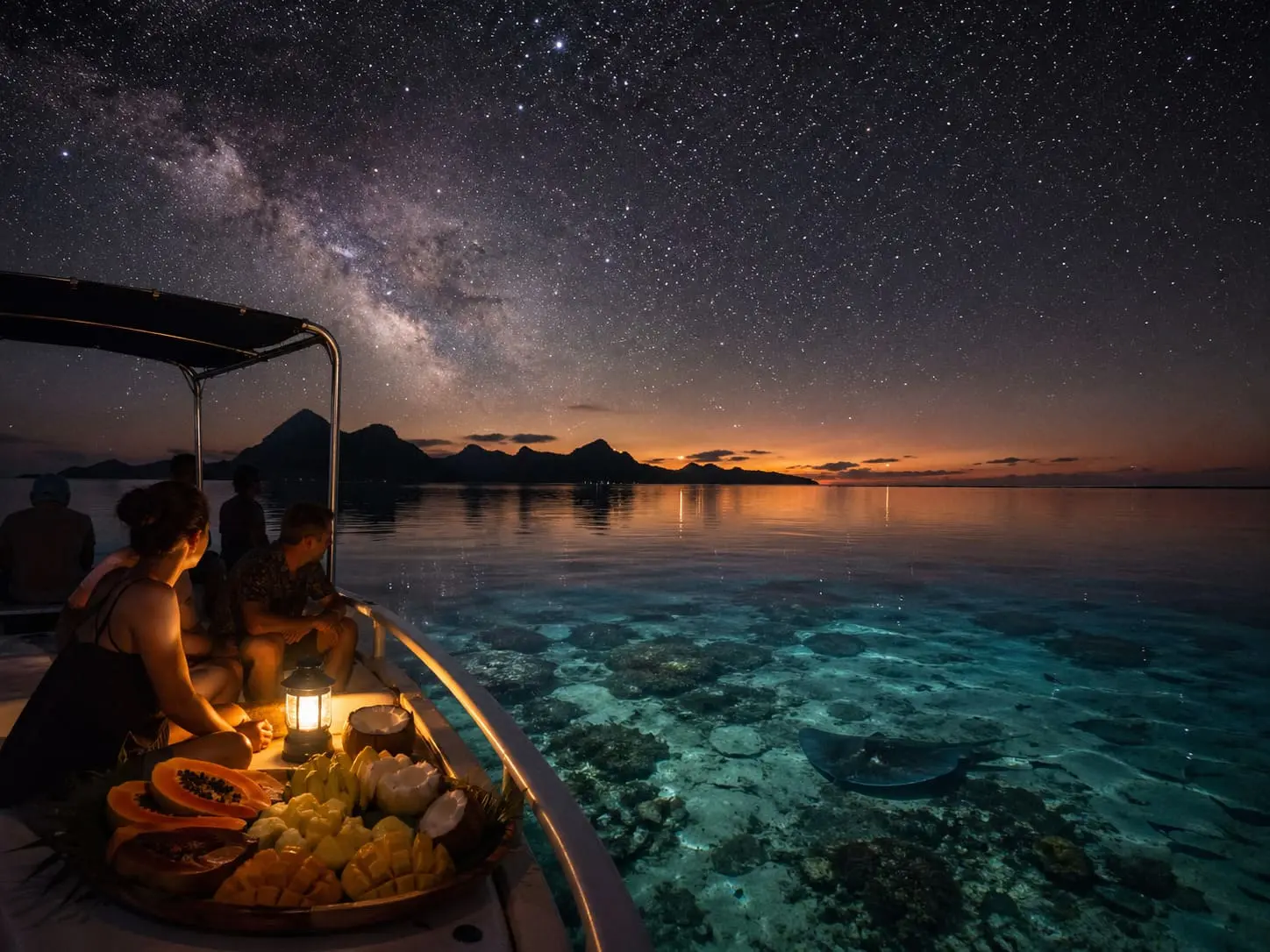 Sortie nocturne en lagon à Maupiti - découverte de la faune marine au coucher du soleil en Polynésie